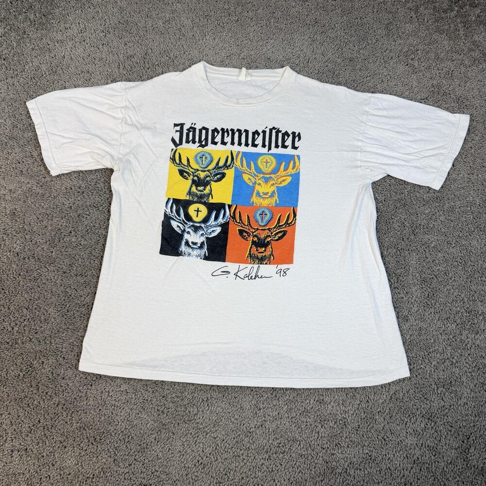 Vintage 90s Jagermeister Shirt Mens L White Stag Pop Art Graphic Crew Neck 1998